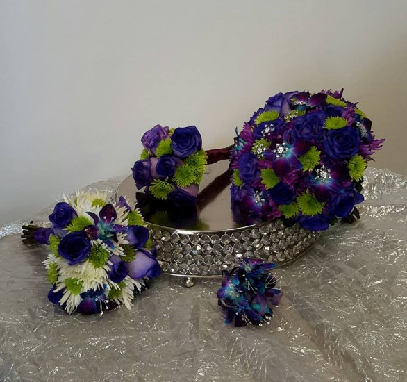 a bridal bouquet purple roses, blue purple orchids bling lime - Click Image to Close